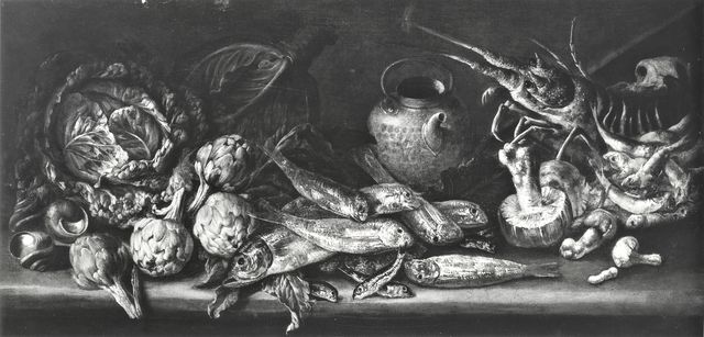 Arte Fotografica — Autore non indicato - sec. XVII/ XVIII - Natura morta con pesci, ortaggi e funghi — insieme